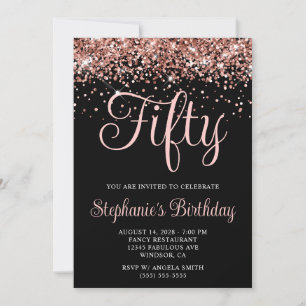Rose Gold Glitter Black 50th Birthday Invitation