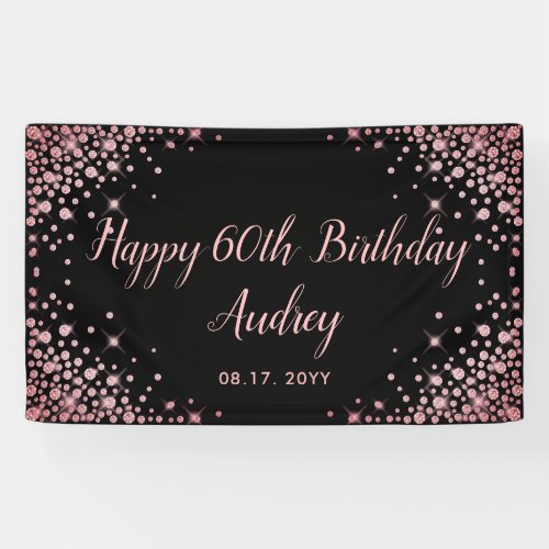 Rose Gold Glitter Black 60th Birthday Monogram Banner