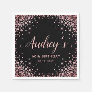 Rose Gold Glitter Black 60th Birthday Monogram Napkins