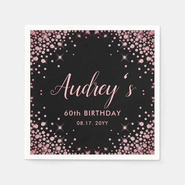 Rose Gold Glitter Black 60th Birthday Monogram Napkins (Front)