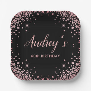 Rose Gold Glitter Black 60th Birthday Monogram Paper Plates