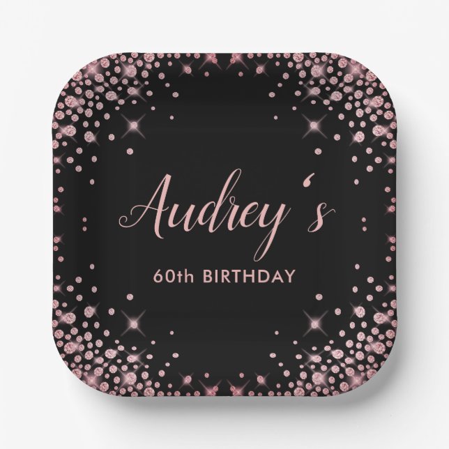 Rose Gold Glitter Black 60th Birthday Monogram Paper Plates (Front)