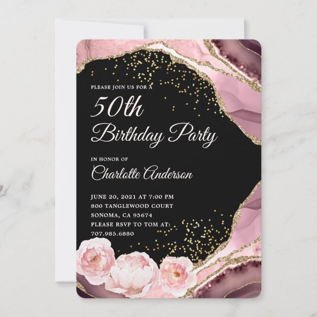 Rose Gold Glitter Black And Floral 50th Birthday  Invitation (Front)