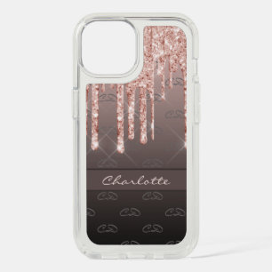 Rose gold glitter black brown monogram name OtterB iPhone 15 Case