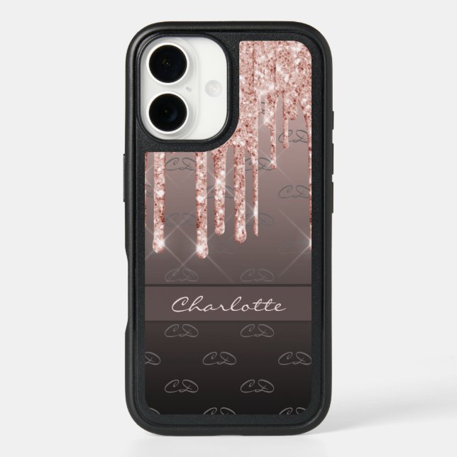 Rose gold glitter black brown monogram name otterbox iPhone case (Back)