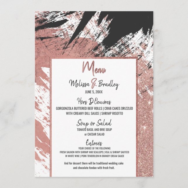 Rose Gold Glitter Black Brushstroke Wedding Menu (Front)