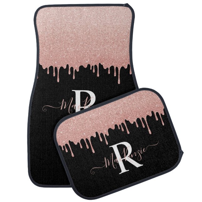 Rose Gold Glitter Black Car Floor Mat (Set)