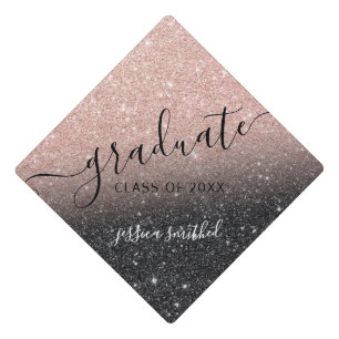 rose gold glitter black chic typography graduate graduation cap topper