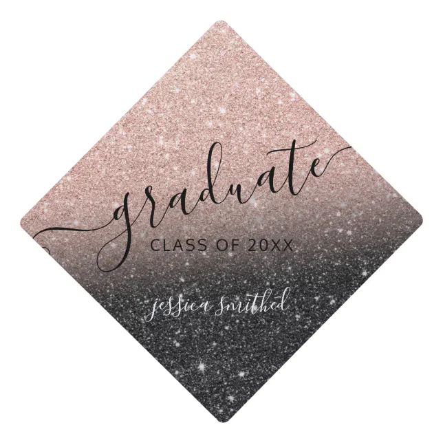 rose gold glitter black chic typography graduate graduation cap topper ...