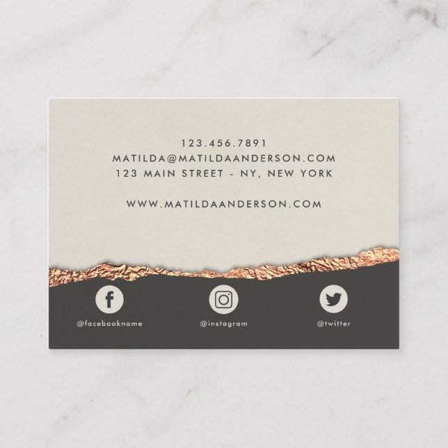 Rose gold glitter black cream modern square busine business card (Back)