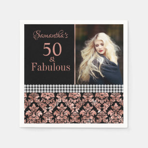 Rose Gold Glitter Black Damask 50th Birthday photo Napkins