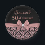 Rose gold glitter black damask bow 50th Birthday Paper Plates<br><div class="desc">Rose gold glitter black damask bow 50th Birthday paper plate. Fifty and Fabulous! A beautiful modern elegant pink rose gold glitter floral damask 50th Birthday Party paper plate you can personalize your fiftieth birthday party celebration. At the center pretty pink bow. The words "50 and Fabulous" are set using popular...</div>