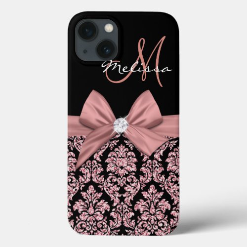 Rose gold glitter Black Damask Bow Diamond iPhone 13 Case