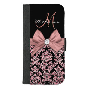 Rose gold glitter Black Damask, Bow, Diamond iPhone 8/7 Plus Wallet Case