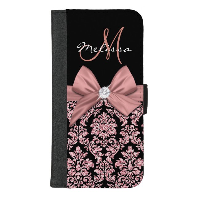 Rose gold glitter Black Damask, Bow, Diamond iPhone Wallet Case (Front)