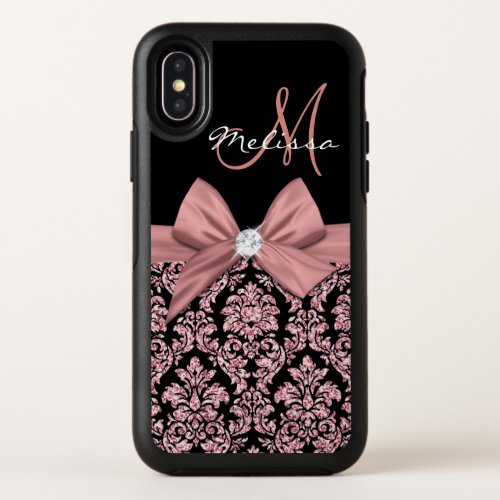 Rose gold glitter Black Damask Bow Diamond OtterBox Symmetry iPhone X Case