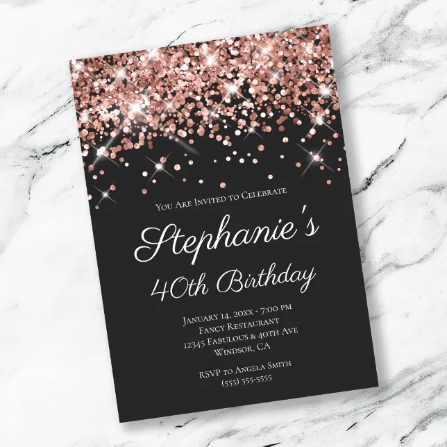 Rose Gold Glitter Black Elegant 40th Birthday Invitation | Zazzle