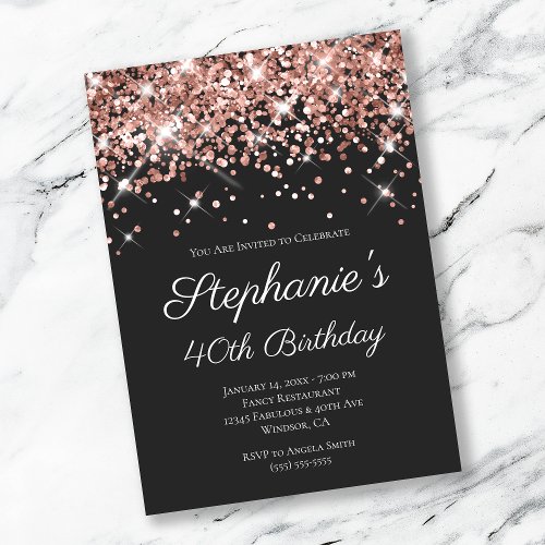 Rose Gold Glitter Black Elegant 40th Birthday Invitation