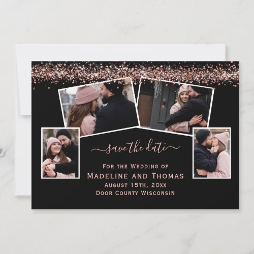 Rose Gold Glitter Black Four Photo Save The Date