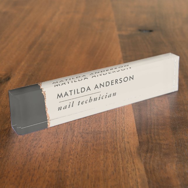 Rose gold glitter black girly elegant modern chic desk name plate (Side)