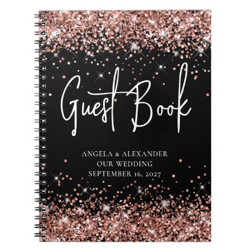 Rose Gold Glitter Black Glam Wedding Guestbook Notebook