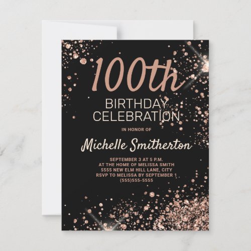 Rose Gold Glitter Black Glitz Glam 100th Birthday Card