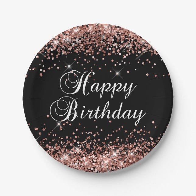 Rose Gold Glitter Black Happy Birthday Paper Plates (Front)