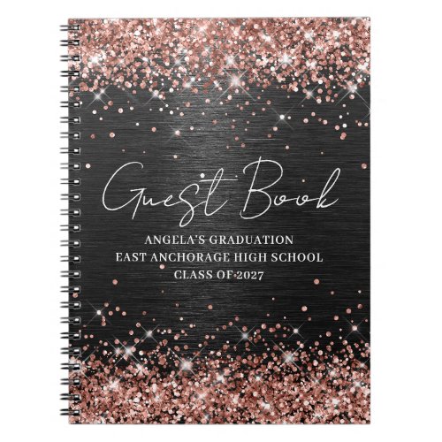 Rose Gold Glitter Black Metallic Graduation Guest Notebook
