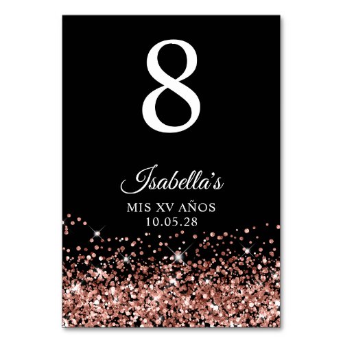 Rose Gold Glitter Black Mis XV Anos Table Number