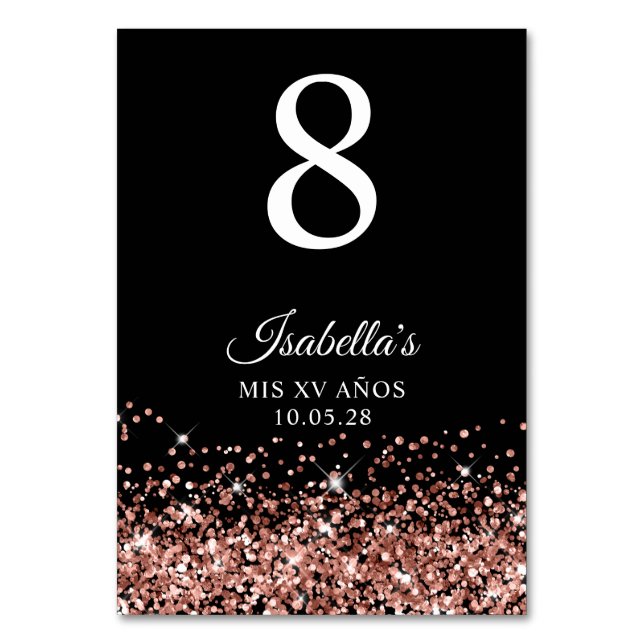 Rose Gold Glitter Black Mis XV Anos Table Number (Front)