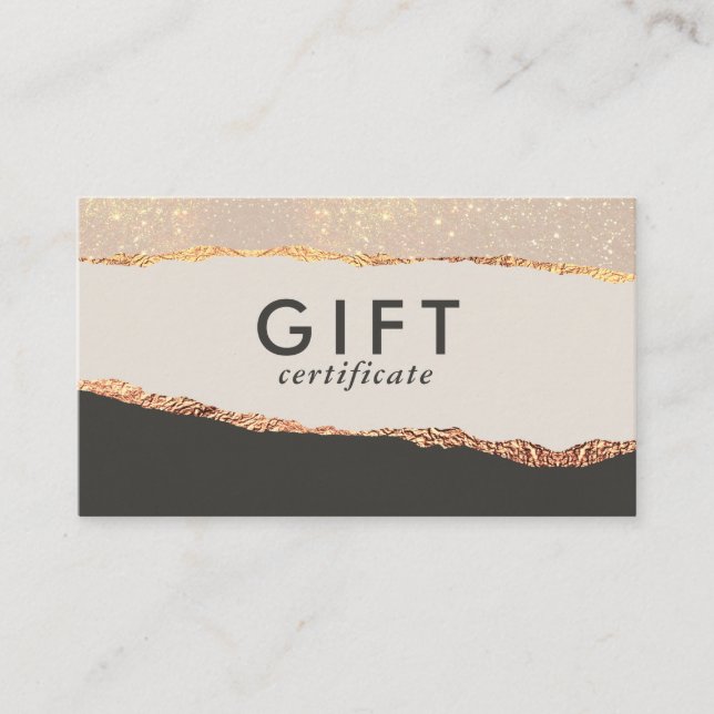 Rose Gold Glitter & Black Modern Gift Certificate (Front)