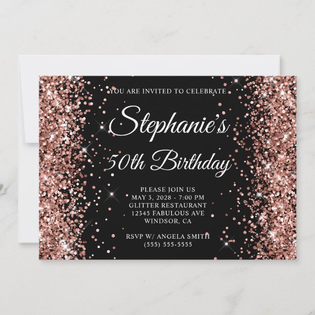 Rose Gold Glitter Black Monogram 50th Birthday Invitation (Front)