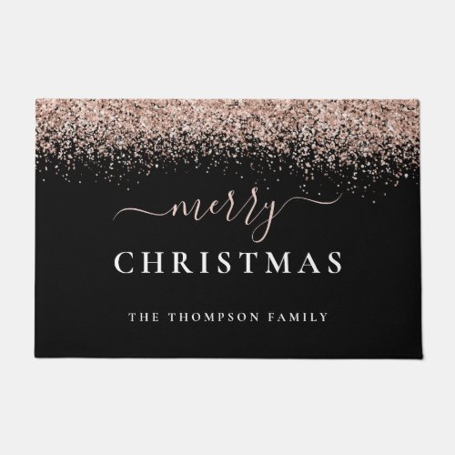 Rose Gold Glitter Black Name Merry Christmas  Doormat