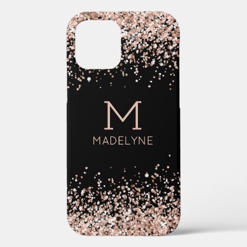 Rose Gold Glitter Black Personalized Name iPhone 12 Case