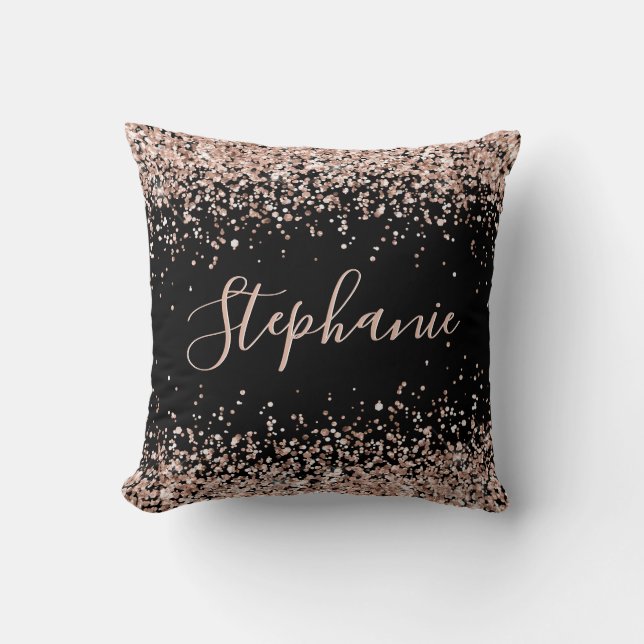 Rose Gold Glitter Black Personalized Name Throw Pillow (Front)