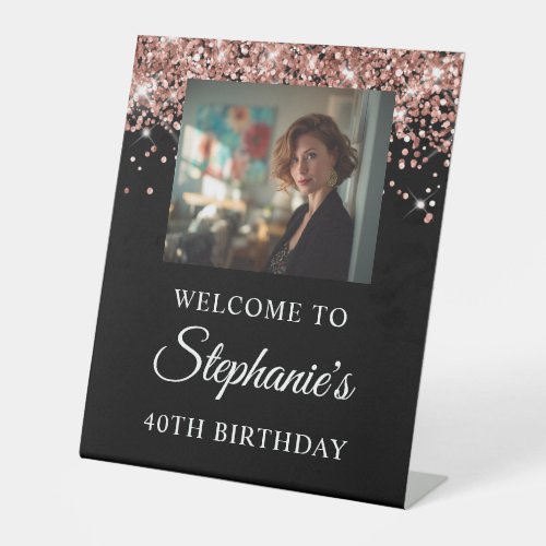 Rose Gold Glitter Black Photo 40th Birthday