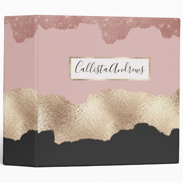 Rose Gold Glitter Black Pink Abstract Girly Art 3 Ring Binder (Front/Spine)