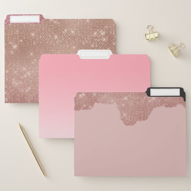 Rose Gold Glitter Black Pink Abstract Girly Art File Folder (Set)