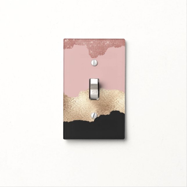 Rose Gold Glitter Black Pink Abstract Girly Art Light Switch Cover (In Situ)