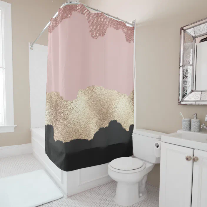 Rose Gold Glitter Black Pink Abstract, Girly Black Shower Curtain