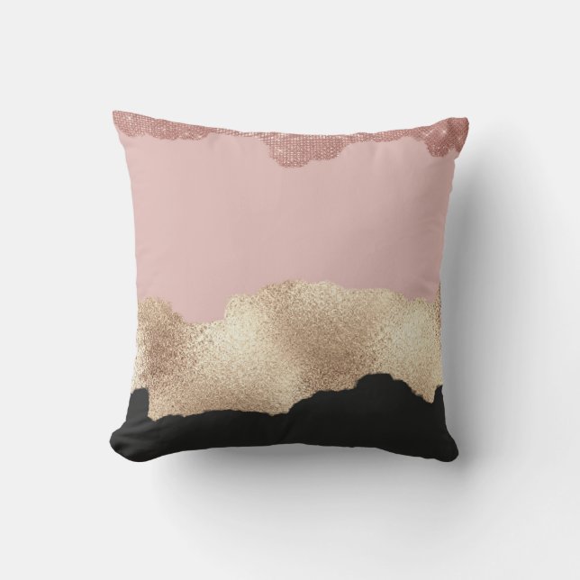 Rose Gold Glitter Black Pink Abstract Girly Art Throw Pillow (Front)