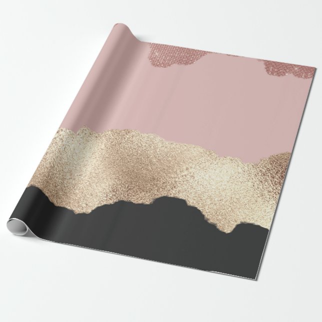 Rose Gold Glitter Black Pink Abstract Girly Art Wrapping Paper (Unrolled)