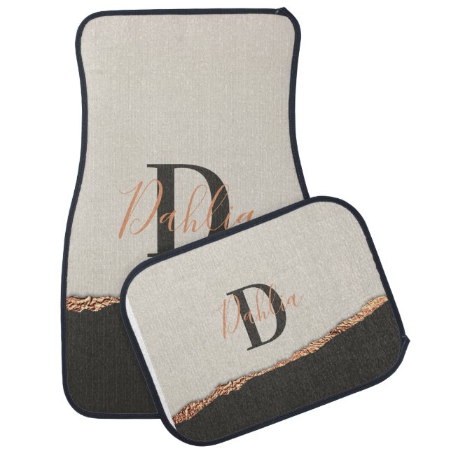 Rose gold glitter black pink modern monogram  car floor mat (Set)