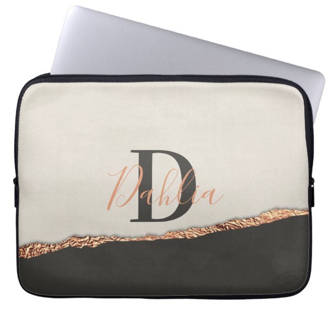 Rose gold glitter black pink modern monogram  laptop sleeve (Front)