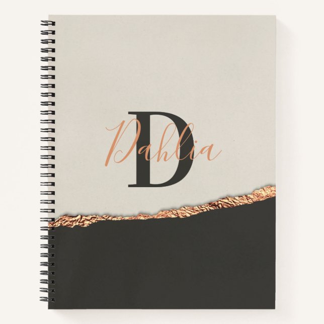 Rose gold glitter black pink modern monogram  notebook (Front)