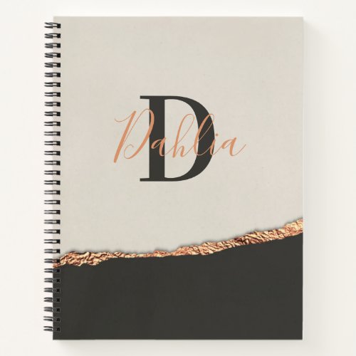 Rose gold glitter black pink modern monogram notebook