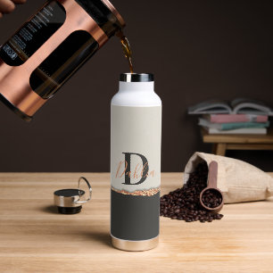 Rose gold glitter black pink modern monogram   water bottle