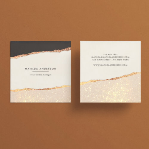 Rose gold glitter black pink modern square business card