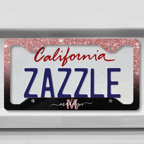 Rose Gold Glitter Black Pink Name Monogram License Plate Frame