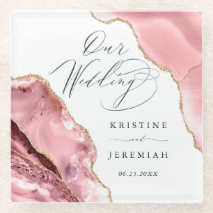 Rose Gold Glitter Black Script Luxury Wedding Glass Coaster